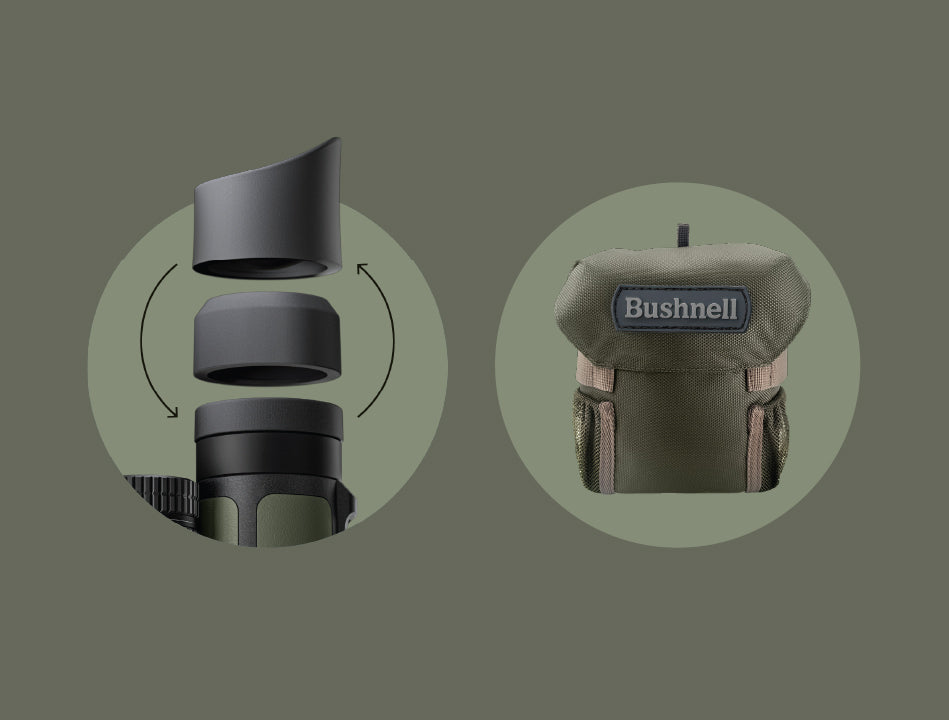 Bushnell R7 interchangeable eyecups beside the included Vault LITE harness