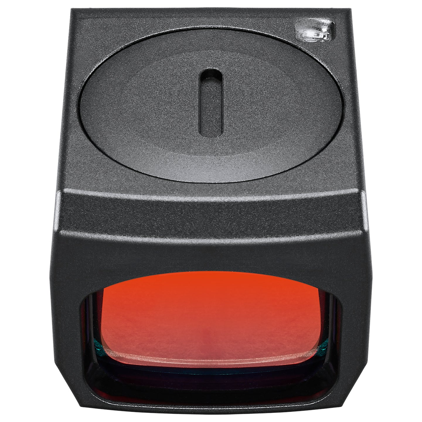 Black electronic device with a red light on a white background