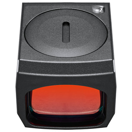 Black electronic device with a red light on a white background