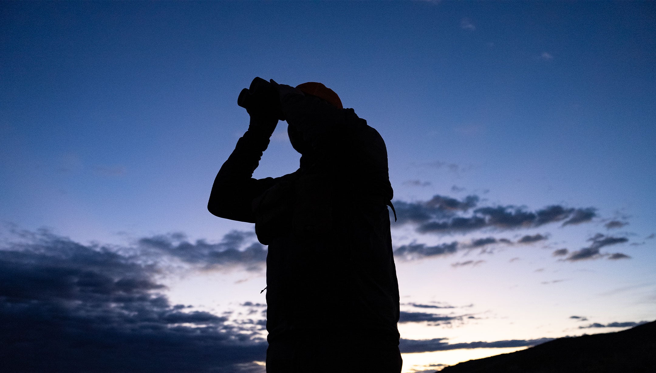 Silhouette of a person looking through binoculars against a twilight sky with scattered clouds and a faintly visible landscape in the background.