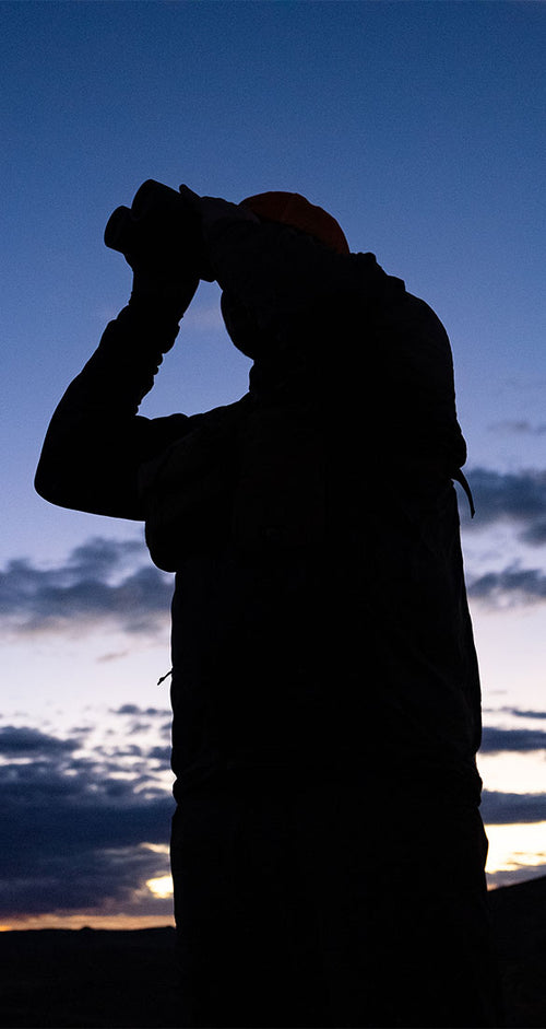 A silhouette of a person looking through binoculars against a dusk sky with scattered clouds.