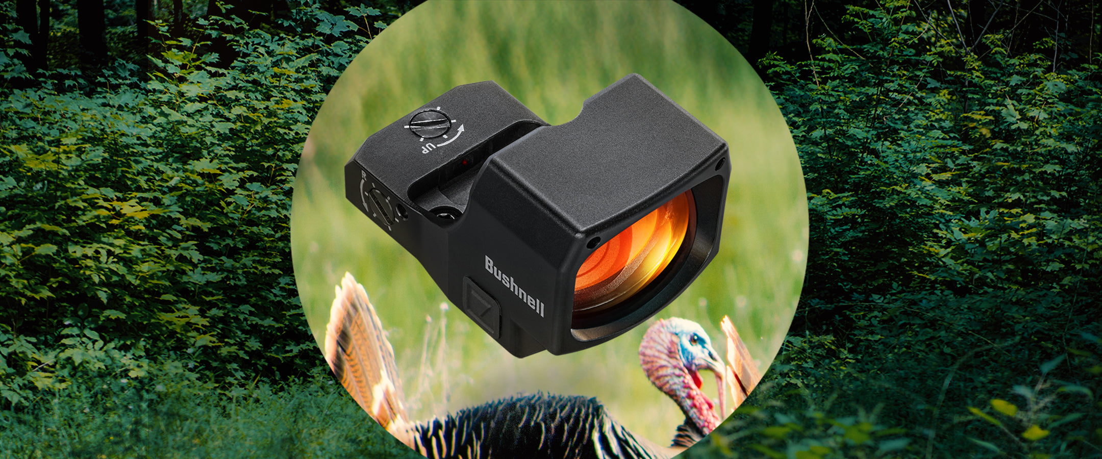 A black optic sight with an orange lens is displayed in the center over a blurred background of green foliage and two wild turkeys.