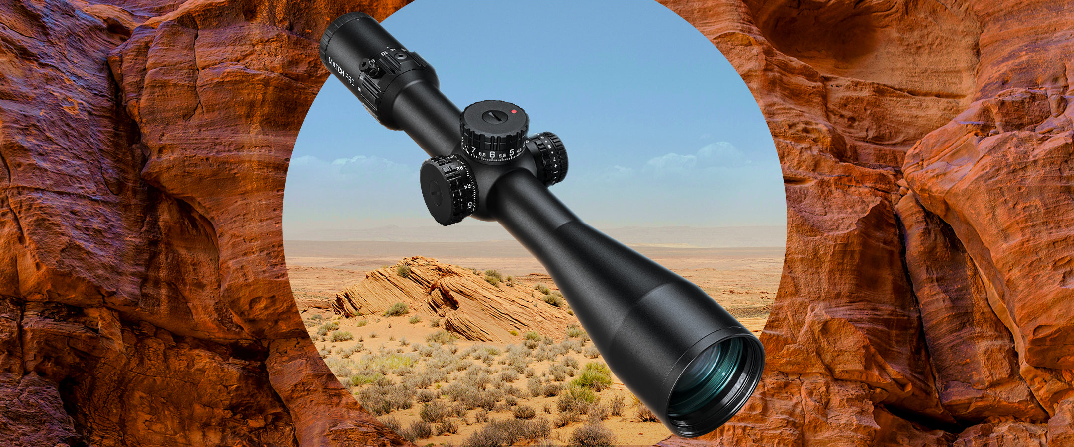 A black rifle scope is centered over a circular cutout showing a desert landscape, surrounded by red rock formations.