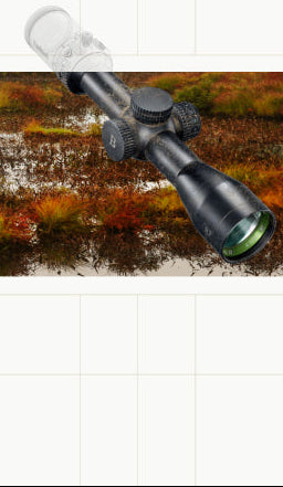 Two outdoor binoculars shown in two inset photos: one in a wet, dark olive-green camouflage finish and one in black with a clear protective cover removed, both set against natural outdoor backgrounds. The image is arranged on a light grid background.