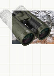 Two inset product photos of a scope-equipped binocular or rifle-style optical device on a white grid background. The left inset shows the binoculars in a snowy outdoor setting, and the right inset shows the optical tube with adjustment knobs in a grassy outdoor setting.