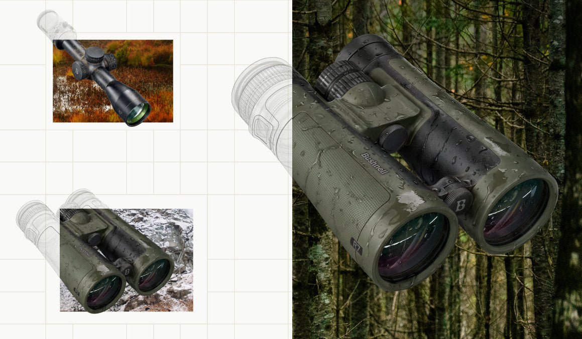 A collage showing a pair of binoculars in three views: a large close-up on the right, and two smaller inset images on the left showing the binoculars in different outdoor settings. The binoculars have a dark camouflage pattern in olive green and black.