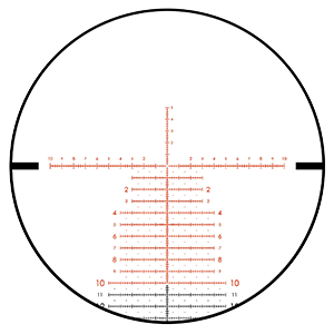 Sight or scope reticle with red crosshairs and measurement markings on a white background