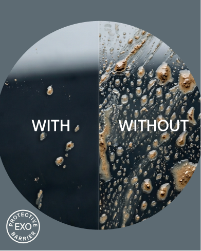 Comparison of dirt on a surface labeled 'With' and 'Without' a protective barrier, featuring the EXCER brand.