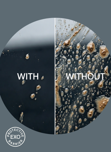 EXO Barrier comparison showing water releasing from a protected lens surface