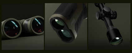 Collage of binoculars and a rifle scope on a dark background