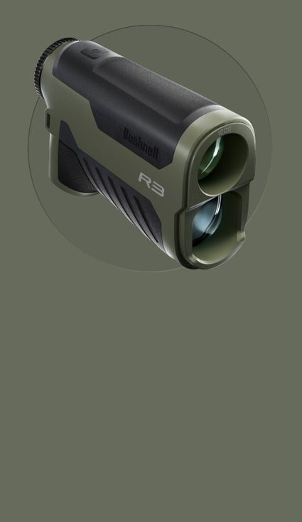Rangefinder with 'Bushnell' branding on a gray background