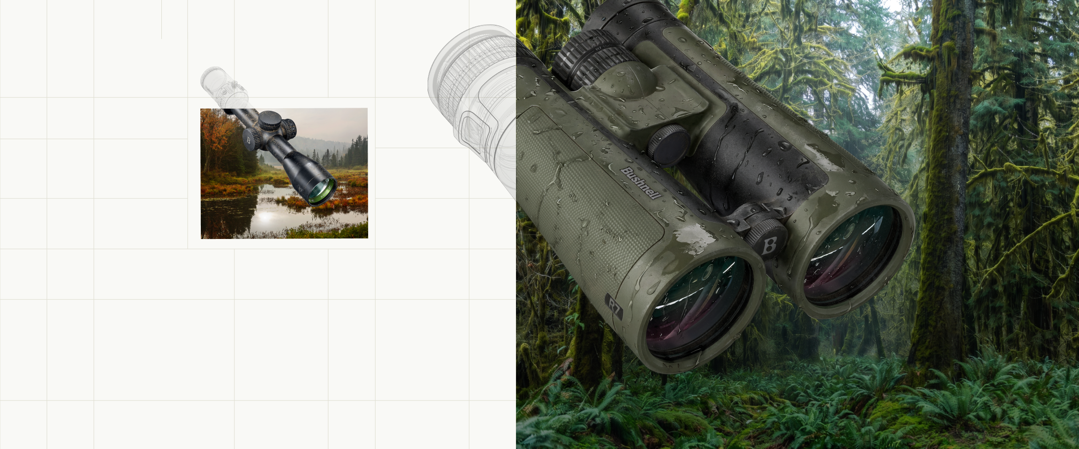 A pair of binoculars with a textured olive green and black finish, shown against a forest background on the right, and as a small inset product photo on the left over a white grid background.