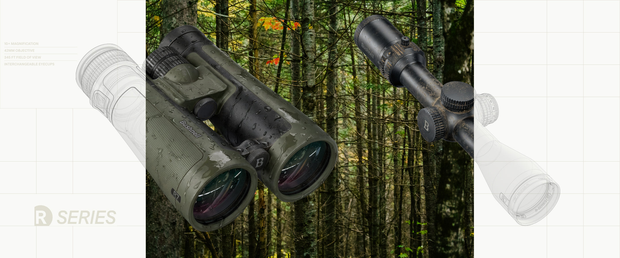 A pair of binoculars with an attached scope, shown in front of a forest background, with faint technical line drawings on both sides and a 'r SERIES' mark in the lower left.