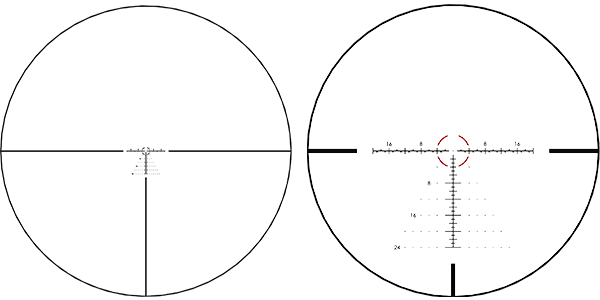 Sighting scope reticle with crosshairs and measurement scale