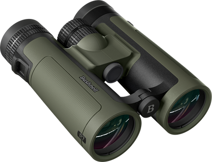 Green binoculars with black accents on a white background