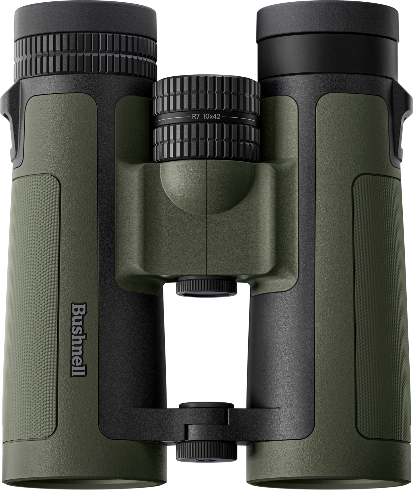 Green binoculars with black accents on a white background, featuring the Bushnell logo.