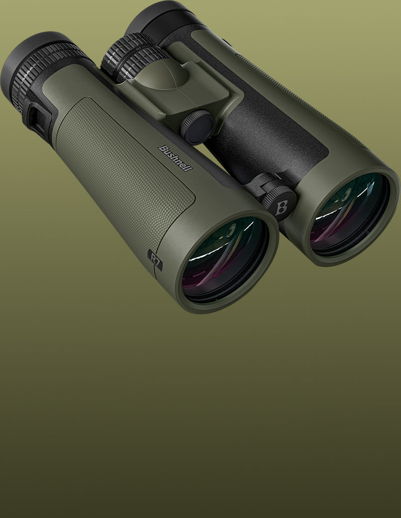 A pair of binoculars in olive green and black, shown at an angle against a solid olive green gradient background. The brand name 'Bering' is visible on the side of the eyecup.