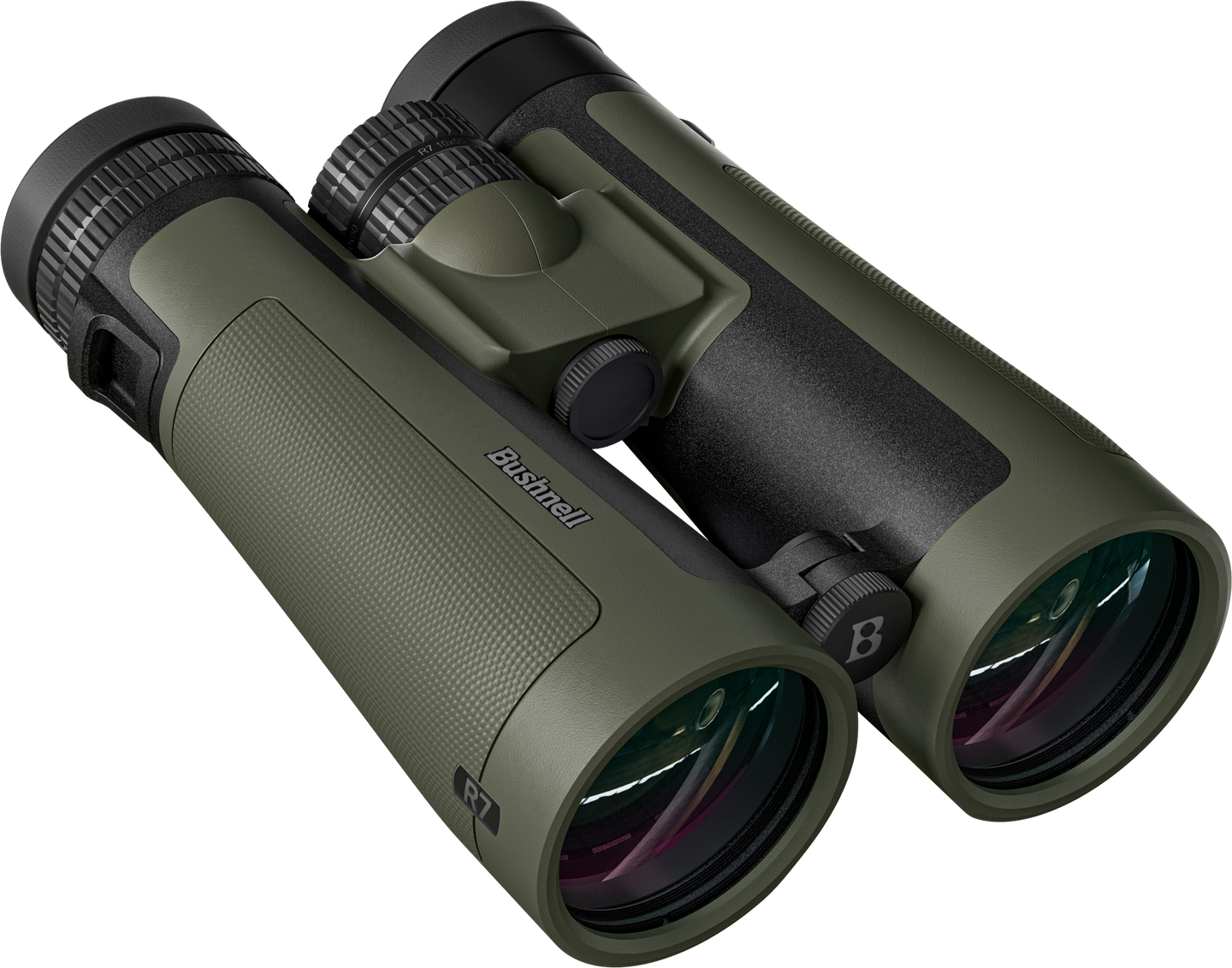 Green binoculars with black accents on a white background