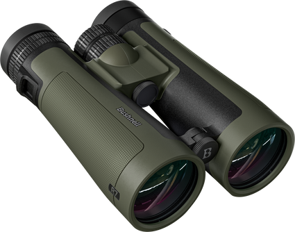 Green binoculars with black accents on a white background