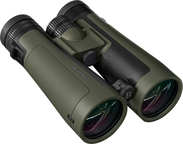 Green binoculars with black accents on a white background