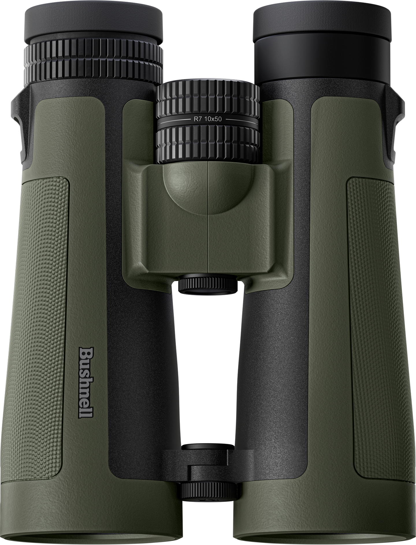 Green and black binoculars with Bushnell logo on a white background