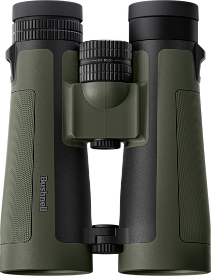 Green and black binoculars with Bushnell logo on a white background