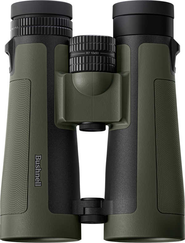 Green and black binoculars with Bushnell logo on a white background