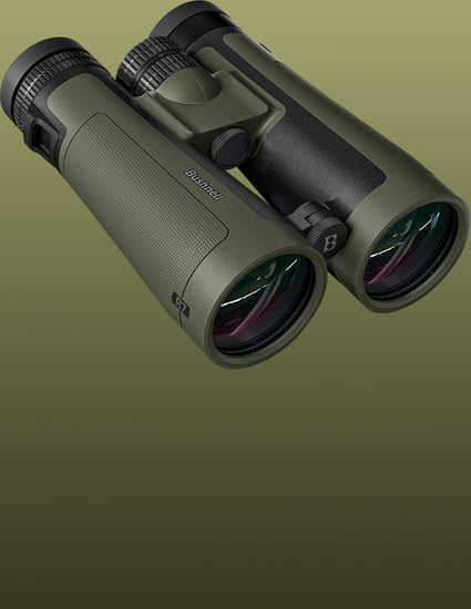 A pair of Bushnell binoculars in olive green and black, shown floating against a solid olive green gradient background.