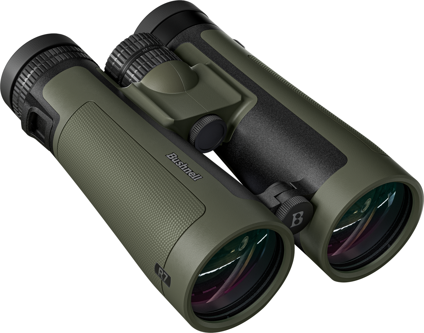 Green binoculars with a visible brand logo on a white background