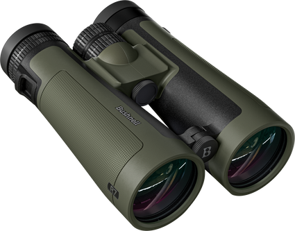 Green binoculars with a visible brand logo on a white background