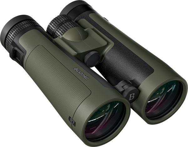 Green binoculars with a visible brand logo on a white background