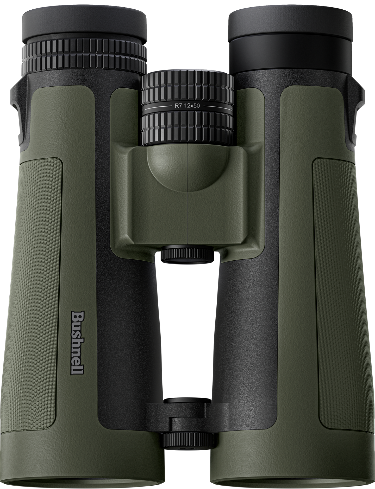 Green and black binoculars with Bushnell logo on a white background