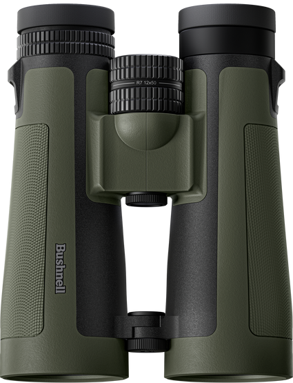 Green and black binoculars with Bushnell logo on a white background