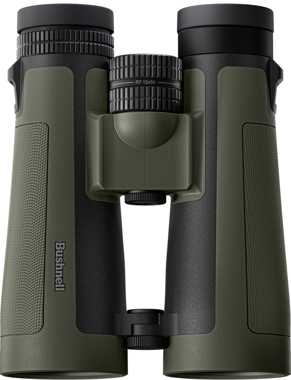 Green and black binoculars with Bushnell logo on a white background