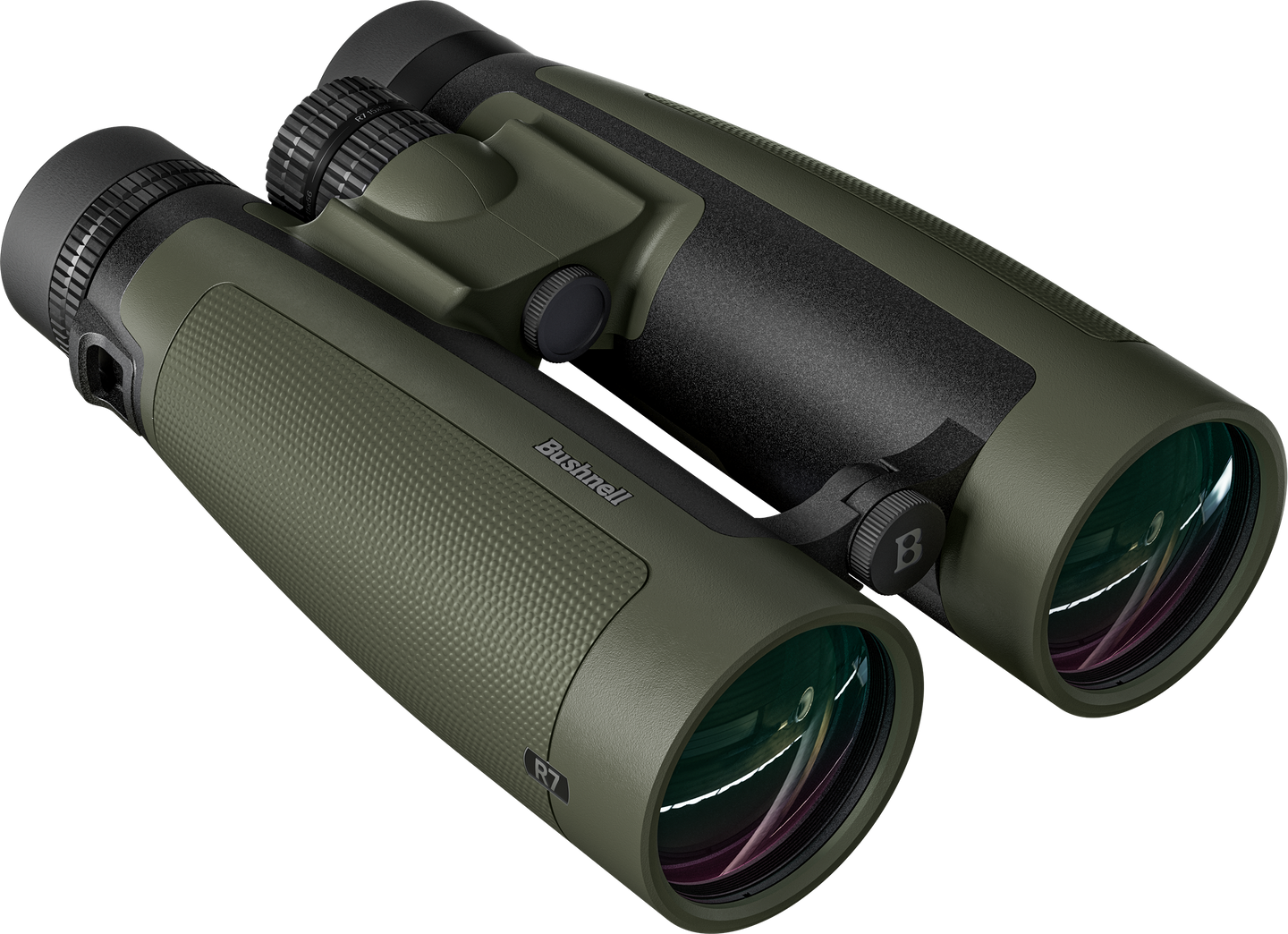 Green and black binoculars with 'Bushnell' branding on a white background
