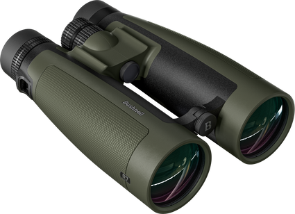 Green and black binoculars with 'Bushnell' branding on a white background