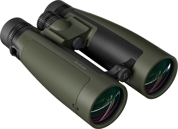 Green and black binoculars with 'Bushnell' branding on a white background