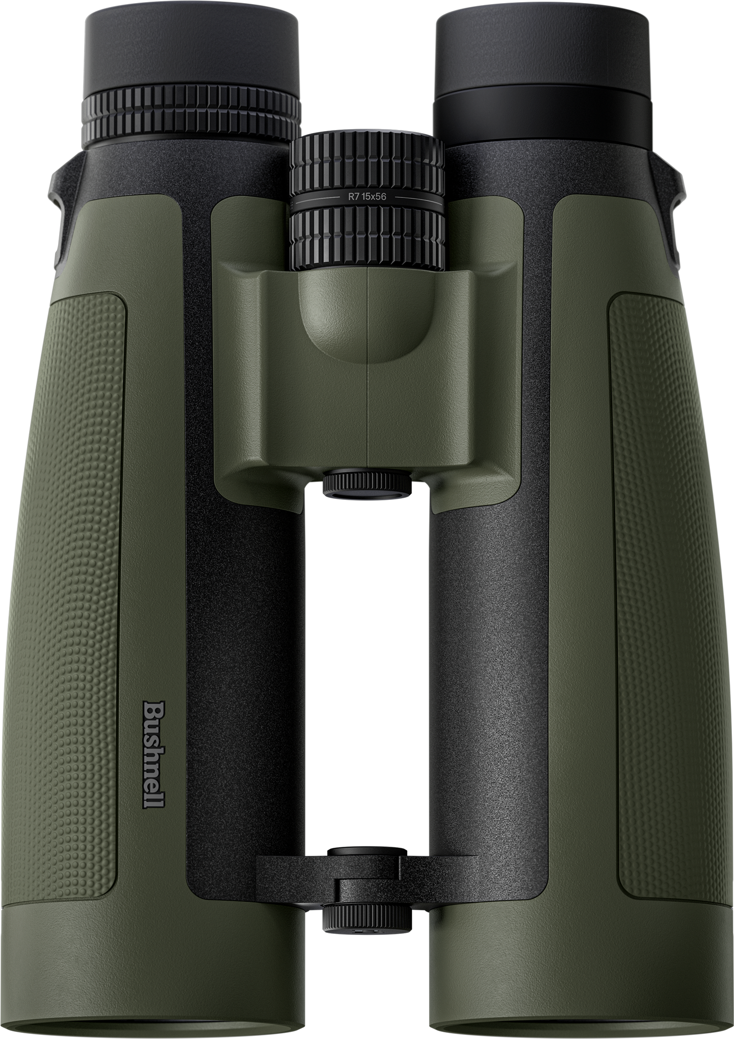 Green binoculars with black accents on a white background