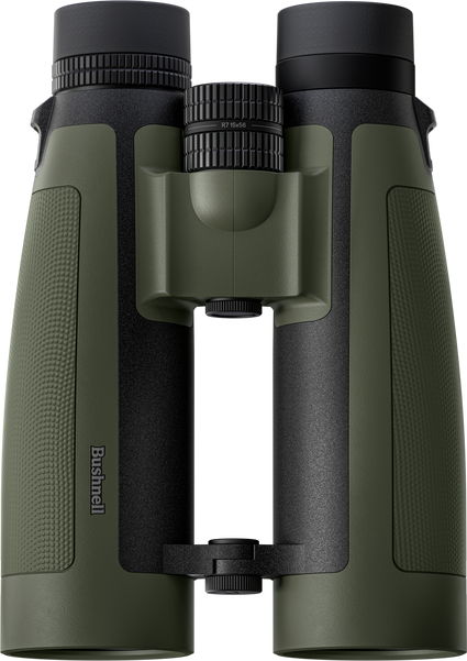 Green binoculars with black accents on a white background