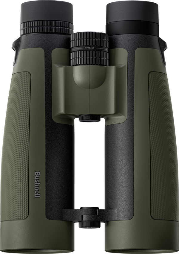 Green binoculars with black accents on a white background