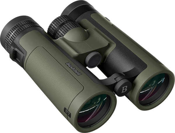 Green binoculars with black accents on a white background