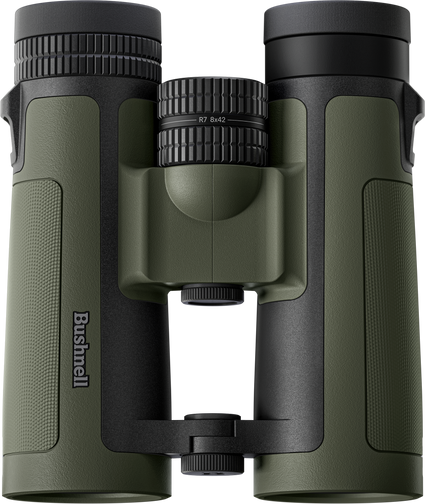 Green binoculars with black accents on a white background, featuring the Bushnell logo.