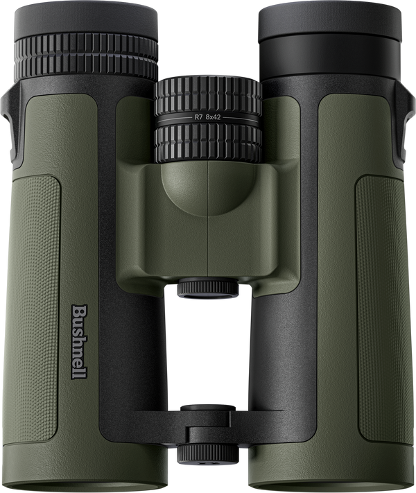Green binoculars with black accents on a white background, featuring the Bushnell logo.