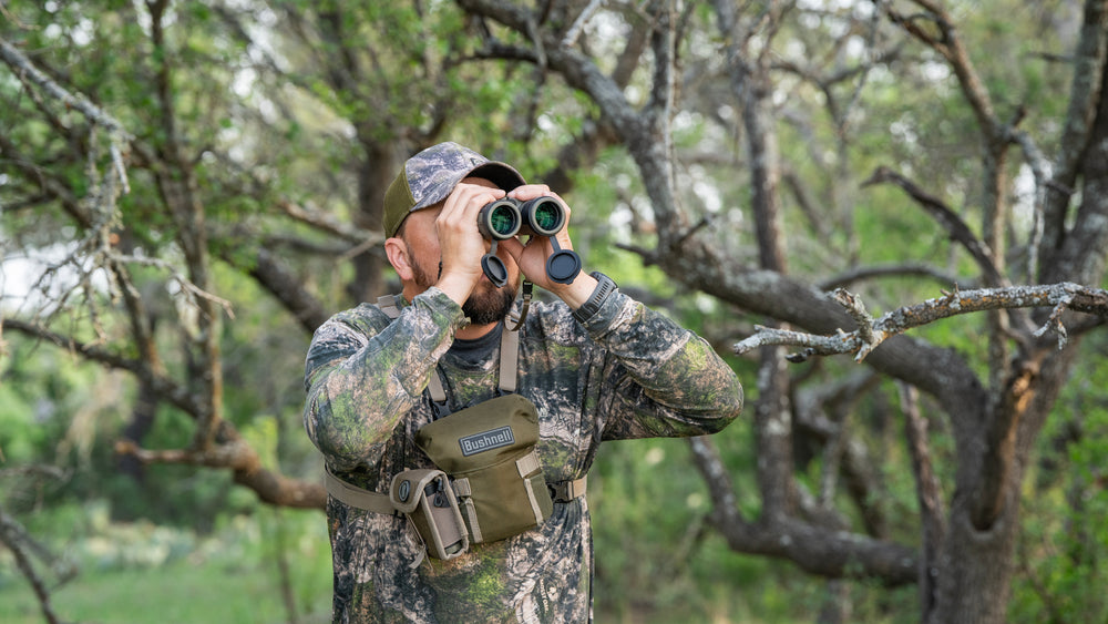 A person wearing camouflage clothing and a cap looks through binoculars in a forested area, surrounded by trees and greenery.