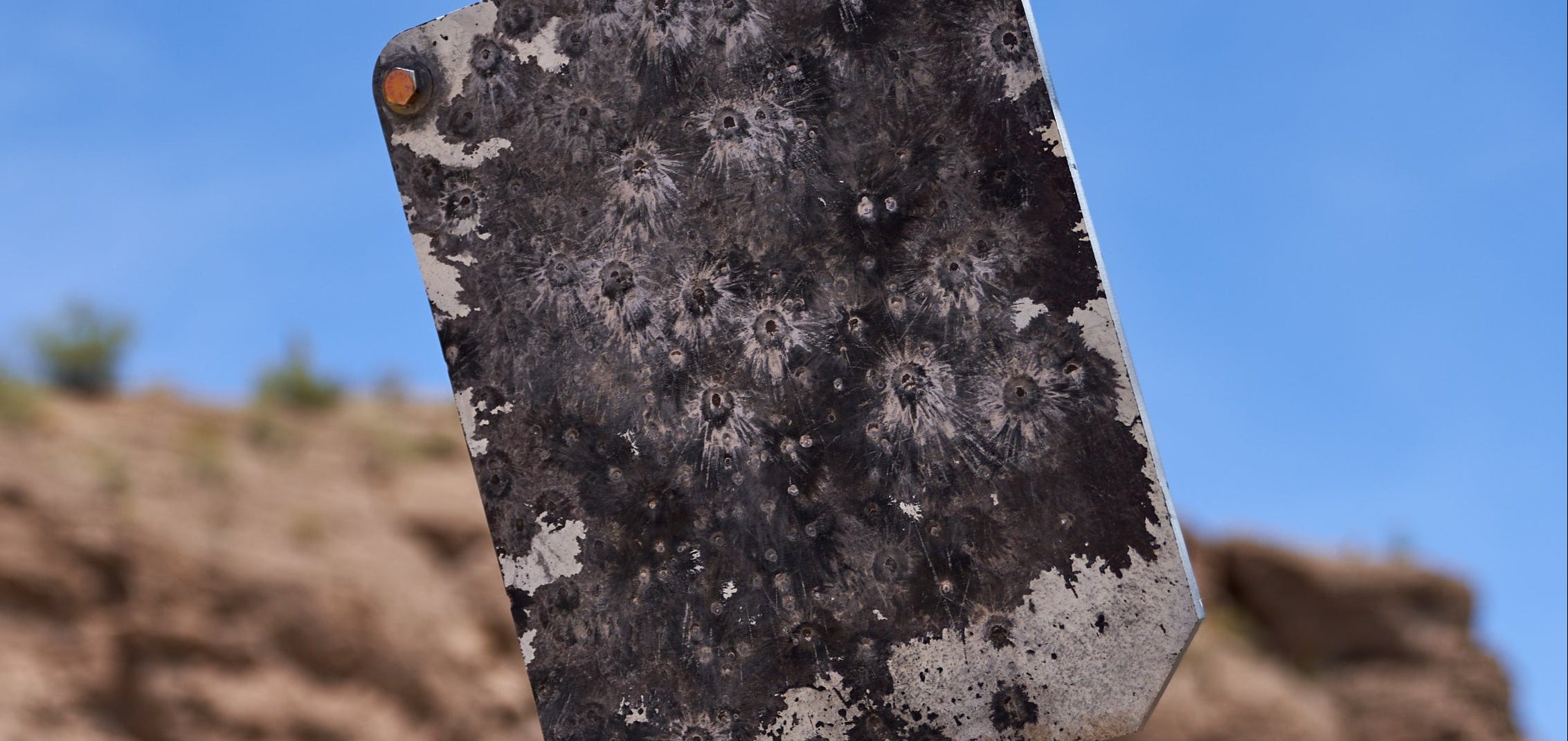 Decorative metal plate against a desert landscape with clear blue sky