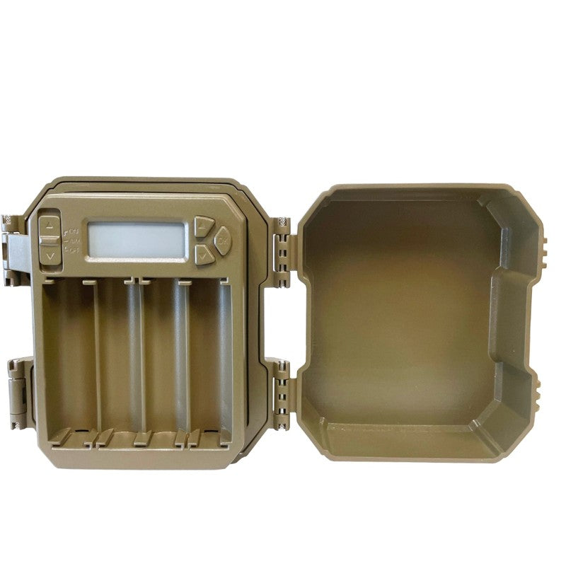 Brown battery charger with open lid on a white background