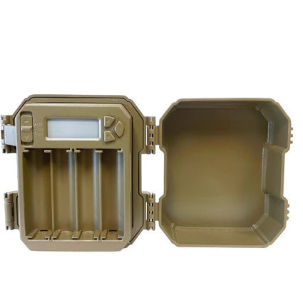 Brown battery charger with open lid on a white background