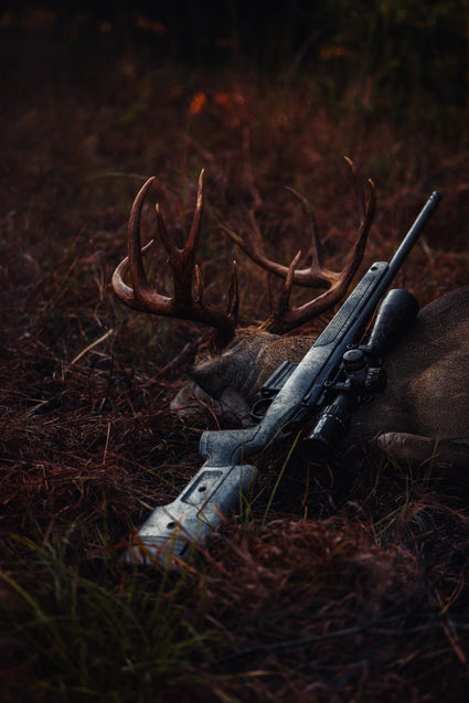 A deer with large antlers lies on the ground in brown grass, with a hunting rifle resting across its body. The image has a dark, moody atmosphere.