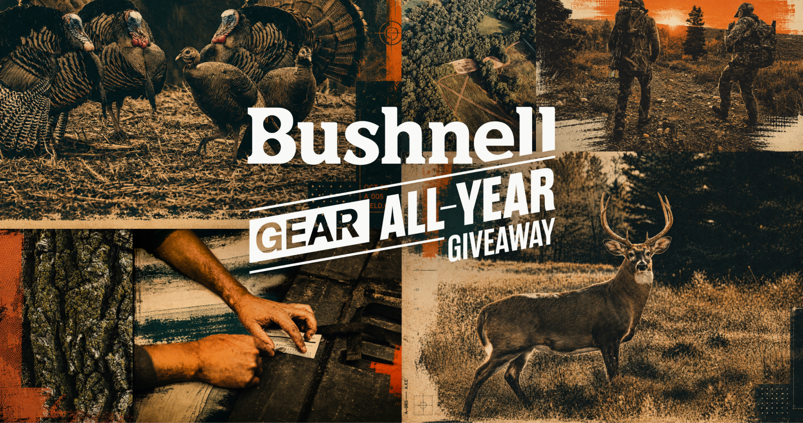 Promotional collage for Bushnell Gear All-Year Giveaway, featuring hunting scenes with turkeys, hunters, hands adjusting a scope, and a deer, overlaid with large white text reading 'Bushnell GEAR ALL-YEAR GIVEAWAY'.