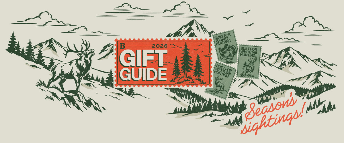 A vintage-style illustrated poster or print showing mountains, pine trees, an elk, clouds, and two postage stamps. The central stamp reads “GIFT GUIDE,” with additional text “Seasons sightings!” on a light beige background.